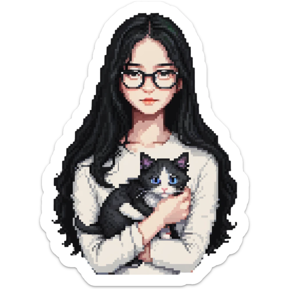 Beautiful girl with long black hair and glasses holding a white kitten sticker