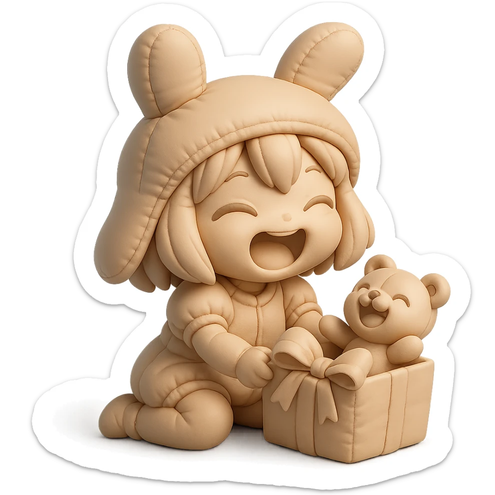 full-body laughing chibi girl in bunny hat opening glittery gift box with laughing teddy bear inside, cushion style sticker
