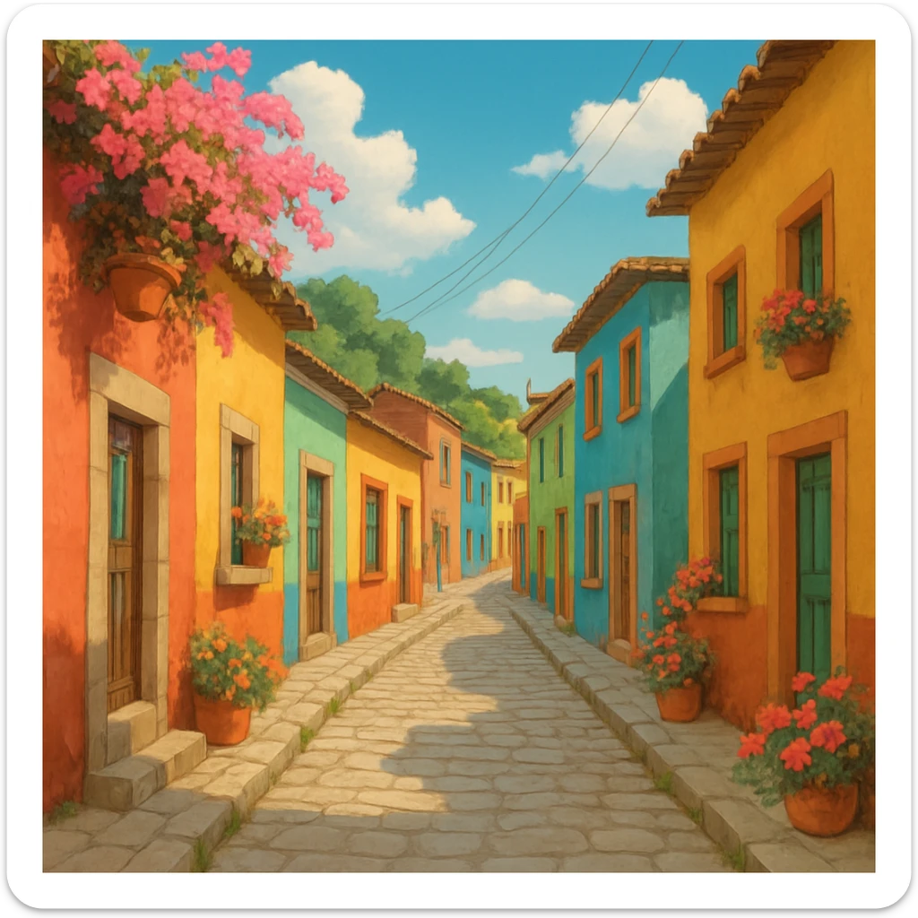 Ghibli style Mexican street with colorful houses and flowers sticker