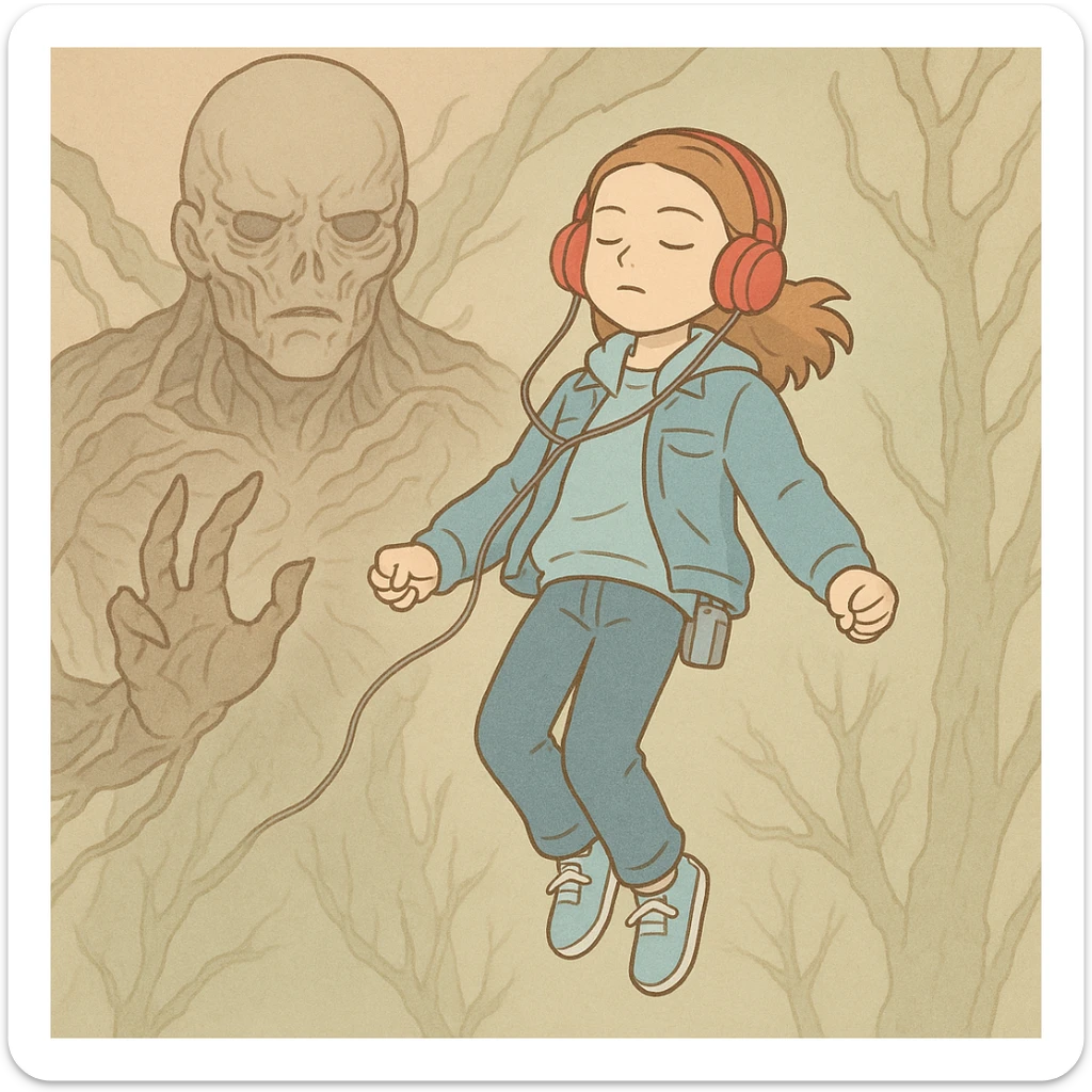 Iconic Stranger Things scene: Max listening to music with red headphones, floating in the air, with Vecna in the background, in simple line style with light pastel tones and thick outlines, Ghibli style, square 1:1 format. sticker