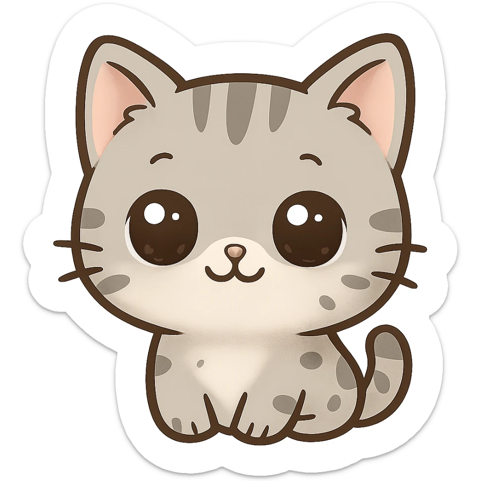 Cute emoji of a small gray cat with black spots, big shiny kawaii eyes, tiny pink nose, and a sweet smiling expression. Minimalist design, clean vector style, high resolution, soft pastel colors, with a transparent background. sticker