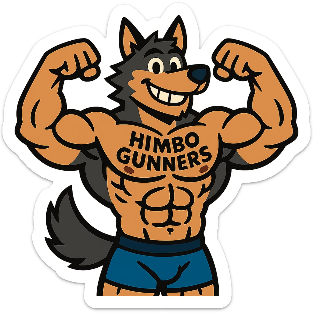 extremely muscular wolf furry, shirtless, 'Himbo Gunners' tattooed across his chest, flexing pose, big friendly grin sticker