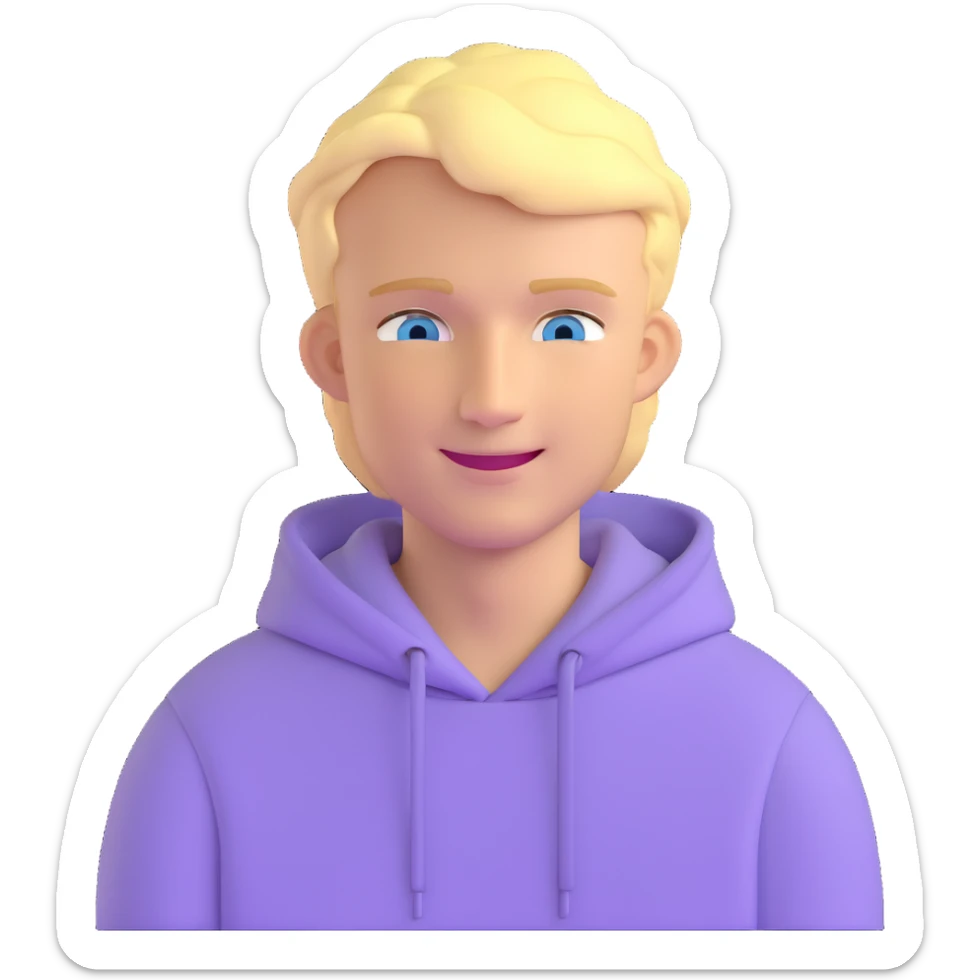 smiling blonde man with blue eyes in a lilac hoodie sticker