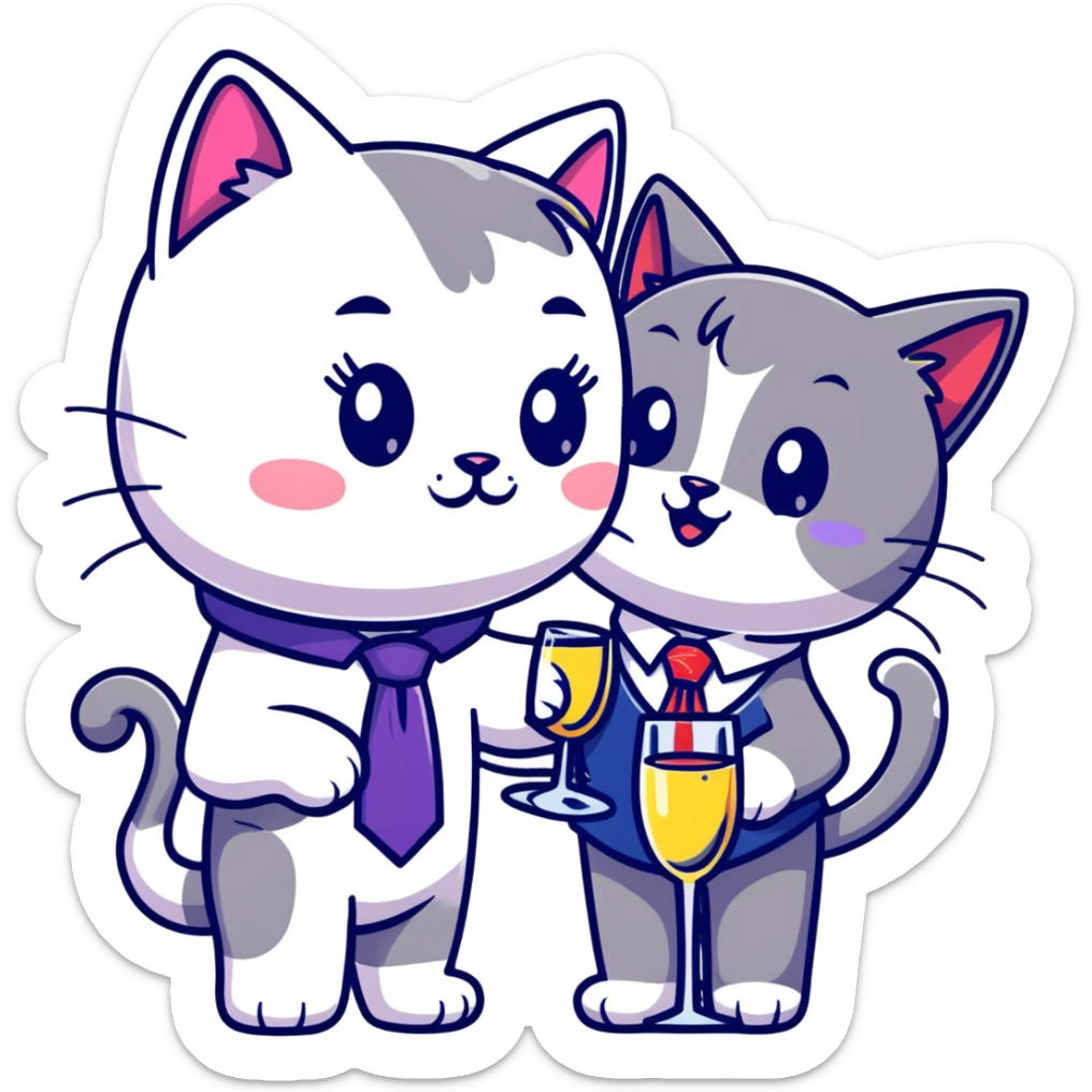 happy girl cat with eyelashes wearing a colorful necktie and happy boy cat wearing a professional necktie clinking champagne glasses together in celebration, both with cheerful expressions sticker