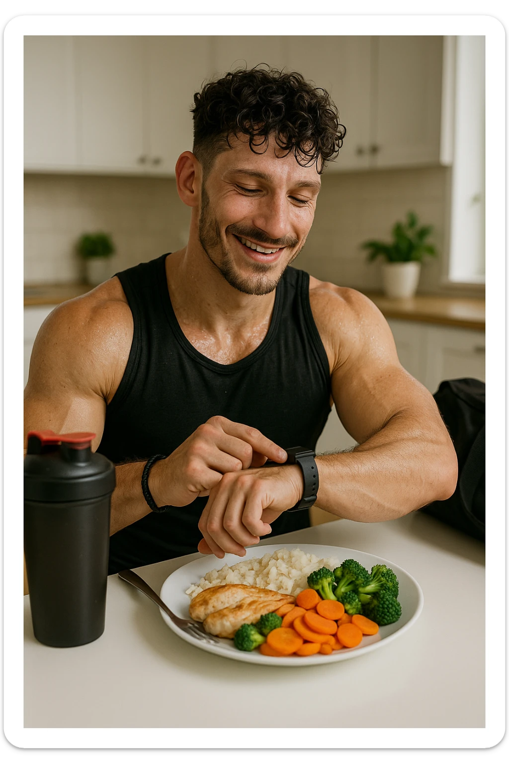 a fit man in his 30s, still in gym clothes and slightly sweaty, sits at a kitchen table right after a workout. In front of him is a balanced meal with a generous portion of rice, pasta, or potatoes, along with lean protein and vegetables. He checks his watch or a fitness app, smiling with satisfaction as he times his post-workout meal. The background is a bright, modern kitchen, with a shaker bottle and gym bag visible. sticker