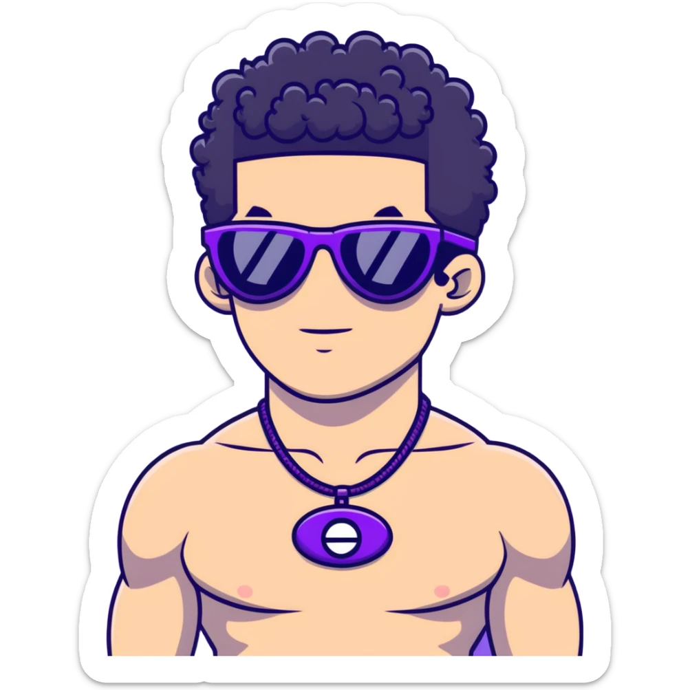 shirtless male athlete with white skin and moderately curly black hair on top with shaved sides, wearing purple sunglasses with black tinted lenses and a shiny black necklace sticker