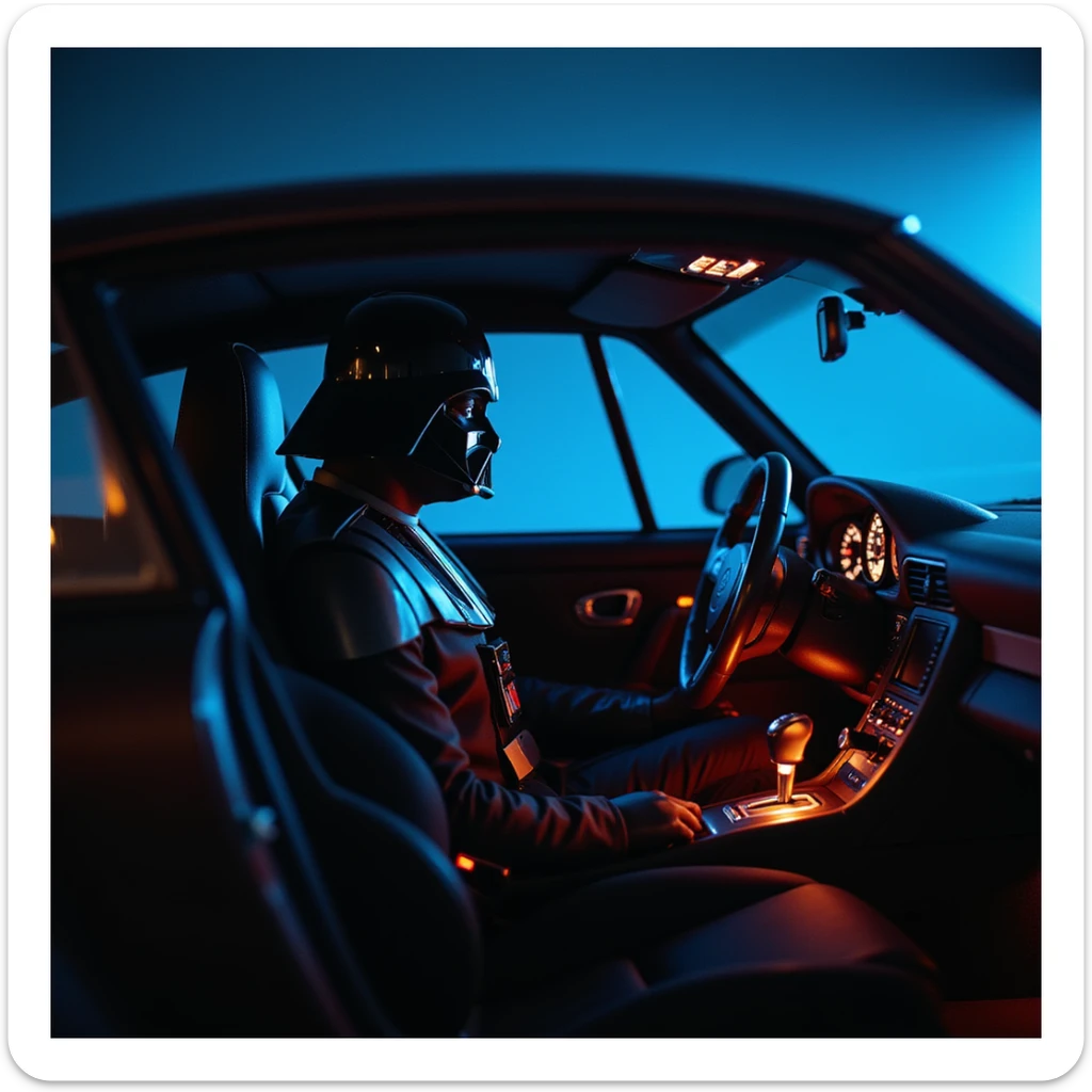 Cinematic shot of aDarth vader sitting in porsche 911, blue and orange lights  sticker