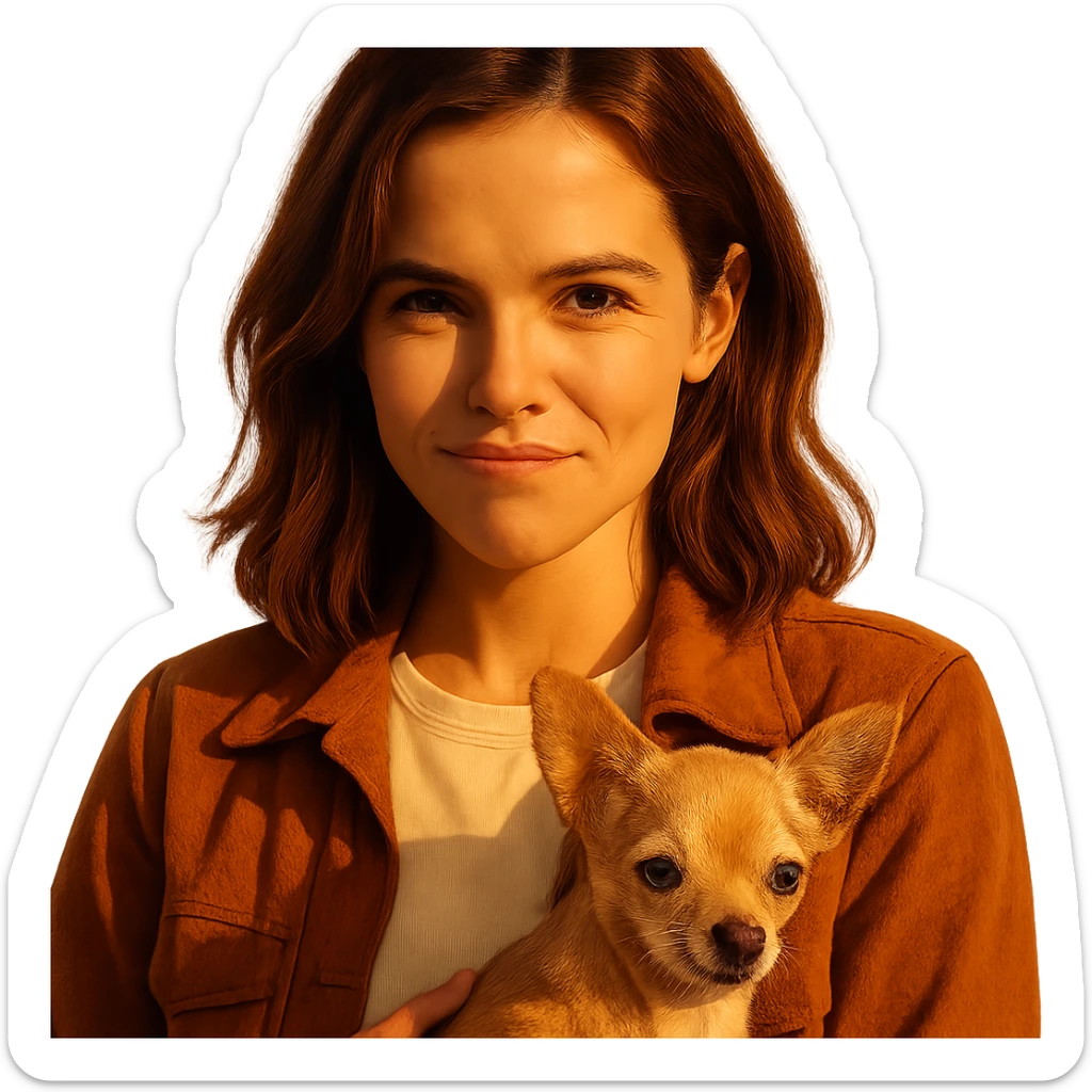 portrait centered of a woman inspired by Zoe Deutch's face, tanned skin, subtle freckles, playful and determined expression, medium-length brown hair with auburn highlights, wearing a shirt color #FFF8CA and a rust-colored jacket, holding a beige-brown chihuahua, golden hour lighting effect, transparent background, Netflix series style sticker