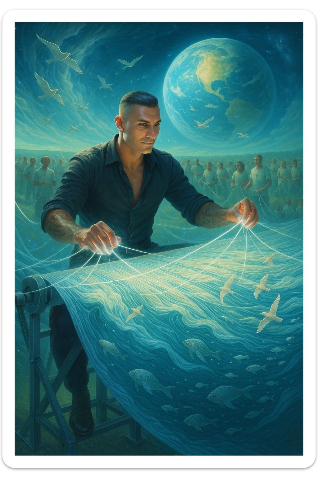 Uomo del 2030 al telaio gigante cosmico che tesse il destino del pianeta con fili di cotone stellare, ogni fibra naturale che intreccia ripara una parte dell'ecosistema terrestre, dita che brillano mentre guidano i fili di cotone attraverso dimensioni parallele, tessuto che si estende dall'atmosfera fino alle profondità marine, creature marine che nuotano attraverso le onde del tessuto acquatico, uccelli che volano seguendo i pattern del tessuto aereo, humanity unita che indossa vestiti di cotone e partecipa alla grande tessitura collettiva della salvezza planetaria sticker