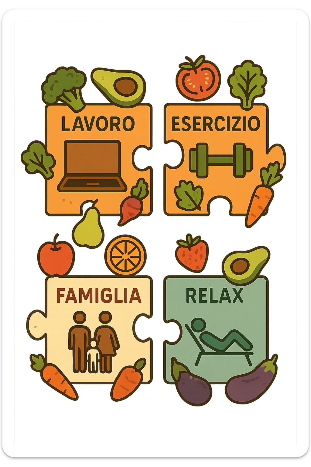 Puzzle (Lavoro, Esercizio, Famiglia, Relax), in lavoro metti icona di un PC, in Esercizio un Manubrio, in Famiglia una famiglia, in Relax qualcuno che riposa and healthy foods are integrated into each piece. in italiano sticker