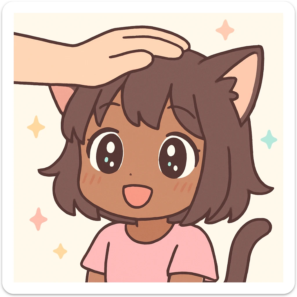anime style cat girl with brown skin, smiling while being patted on the head, large expressive eyes, focus on head and hand sticker