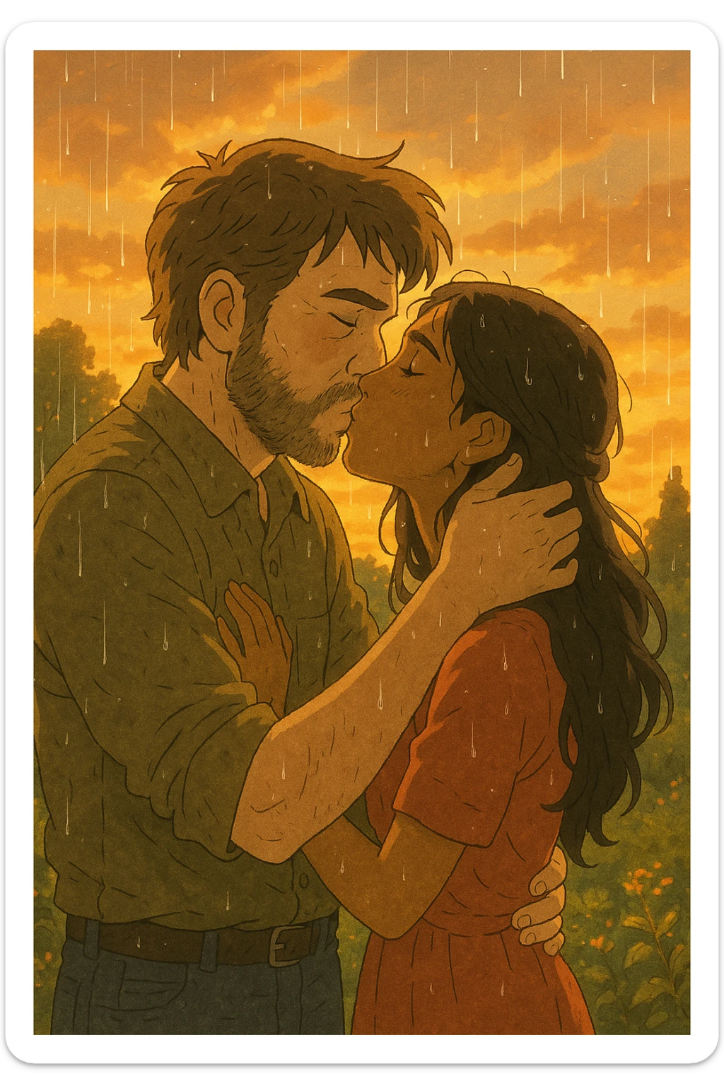 Joel holding Madhu close as they kiss in the rain during a warm sunset, romantic and tender moment, Ghibli style with glowing warm colors and rain droplets. sticker