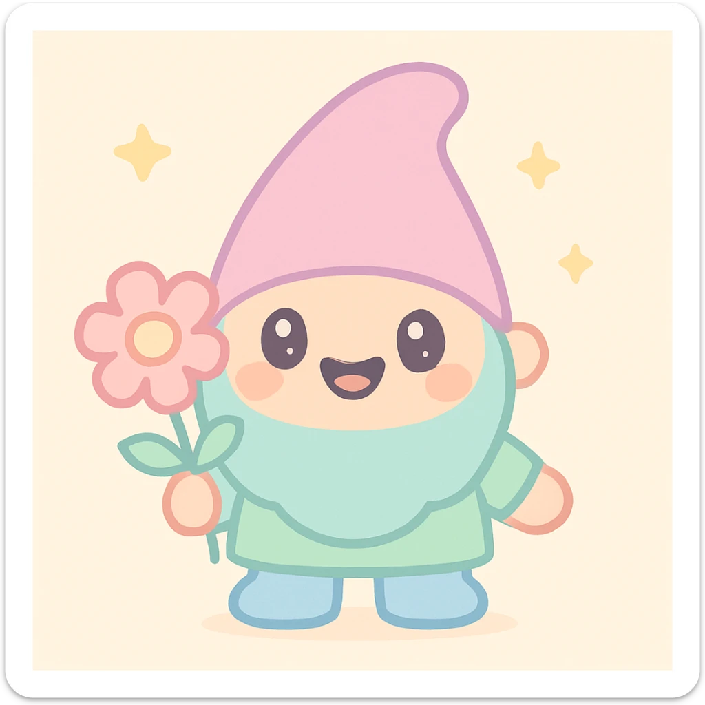 cute garden gnome, smiling, holding a flower, kawaii style, adorable, colorful, charming sticker