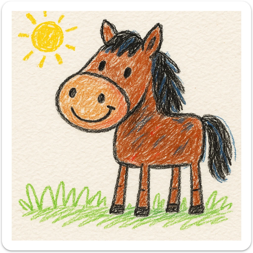 cute cartoon draft horse, children doodle style, hand drawn and playful sticker