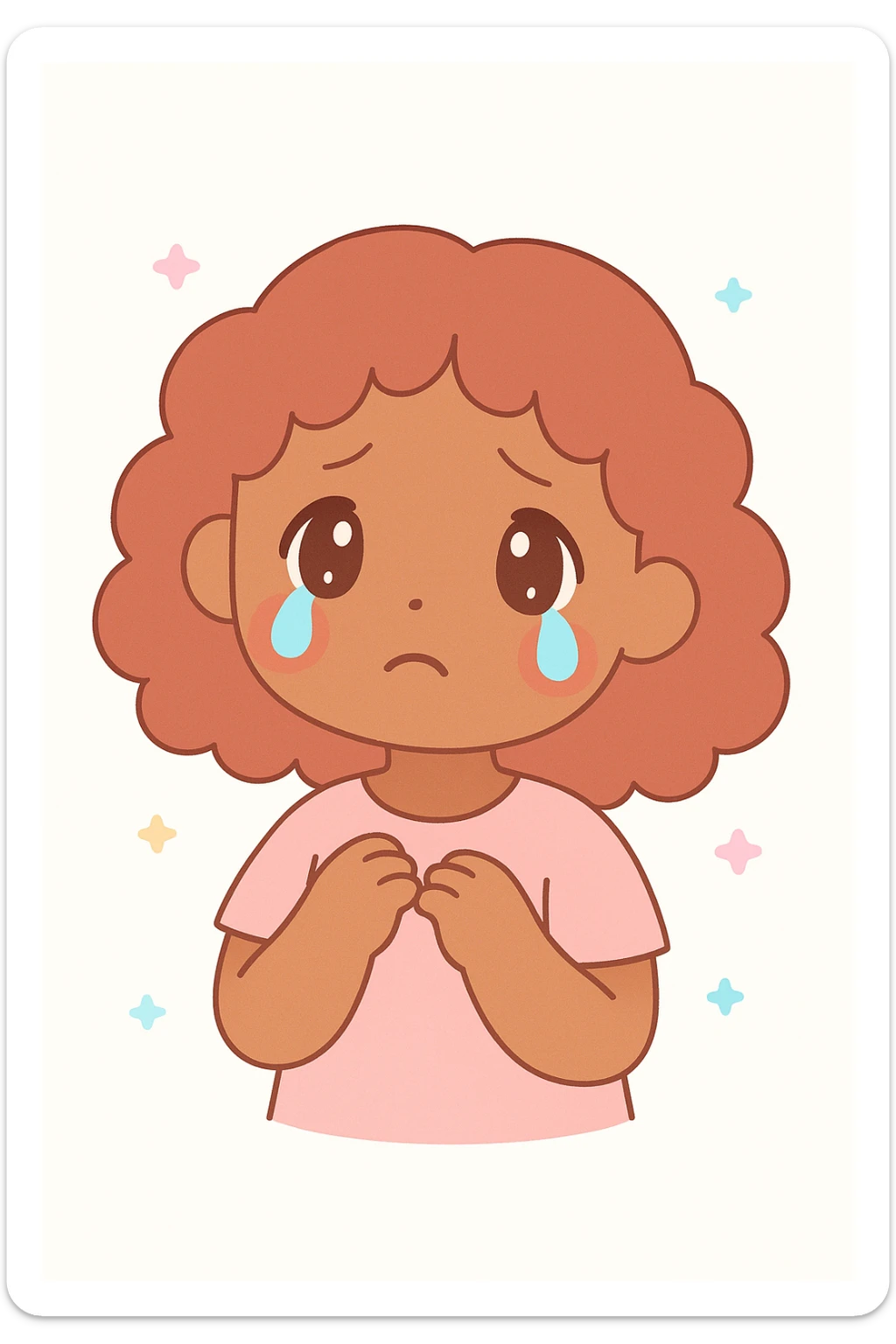 menina parda, cabelo cacheado avermelhado até os ombros, chorando, estilo anime emotivo sticker