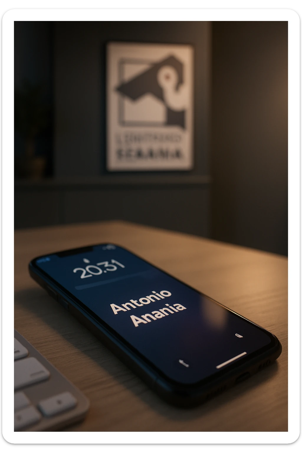 A photo of an iPhone with the message "Antonio Anania" on its scree, both surrounded by soft light and shadow. The phone sits atop a desk with a blurred background that suggests work environment. A faint glow from above casts gentle shadows across the surface of each object, creating depth and highlighting their textures. sticker