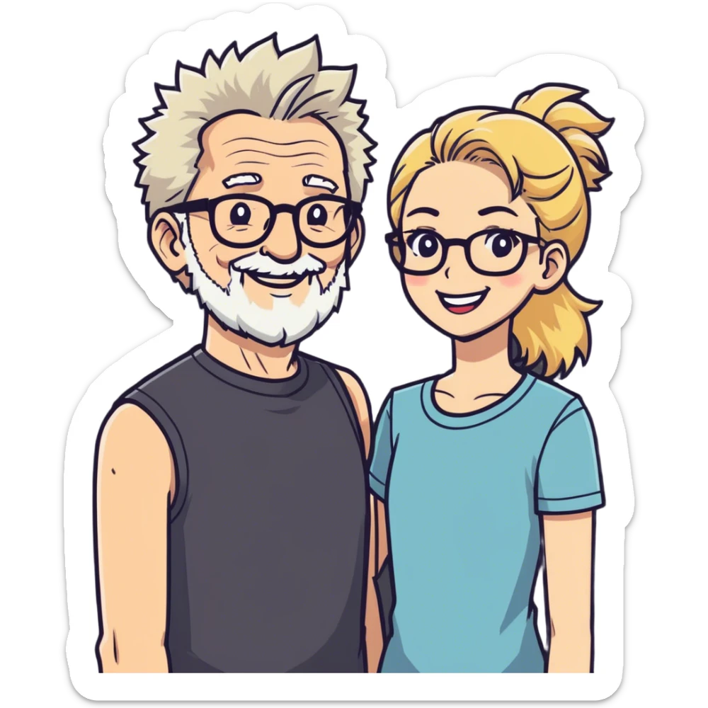 A couple in love, older man man had short spiky salt and pepper hair and a short stubbly beard and no glasses. The lady is younger, blonde long hair and curvy and wears glasses and makeup sticker