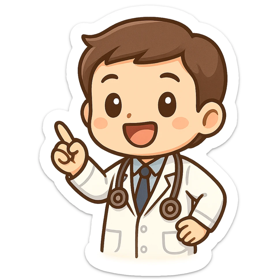 doctor pointing, cartoon style, stethoscope, cheerful, white coat sticker