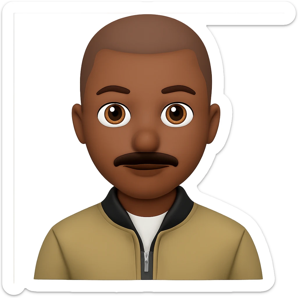 Add a moustache to the brown person with a buzzcut. Keep the background transparent. Maintain the original style and appearance of the person. sticker