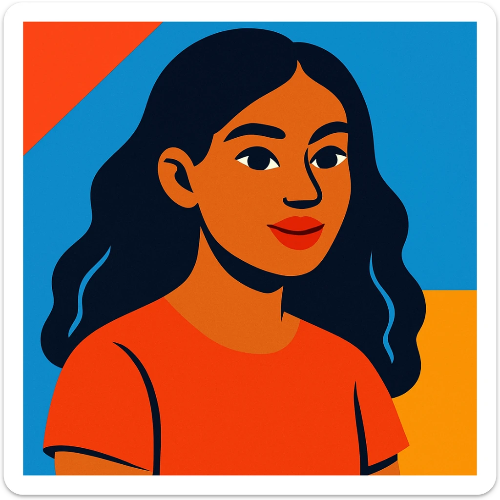 young woman with dark hair and medium skin, modern illustration style, vibrant colors, clean lines sticker