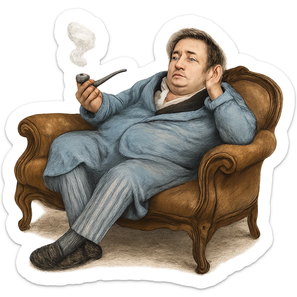 Герой Обломова в слегка рисованном, но при этом реалистичном и объемный стиле, со слегка растерянным видом развалился на дорогой кушетке 19 века, прозрачный фон sticker