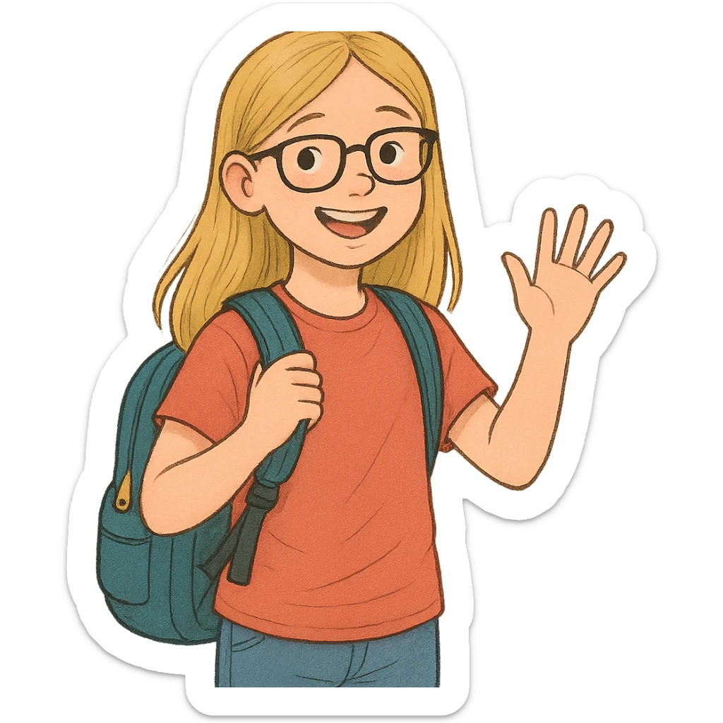 6th grade girl with blonde hair and glasses, waving, wearing a backpack sticker