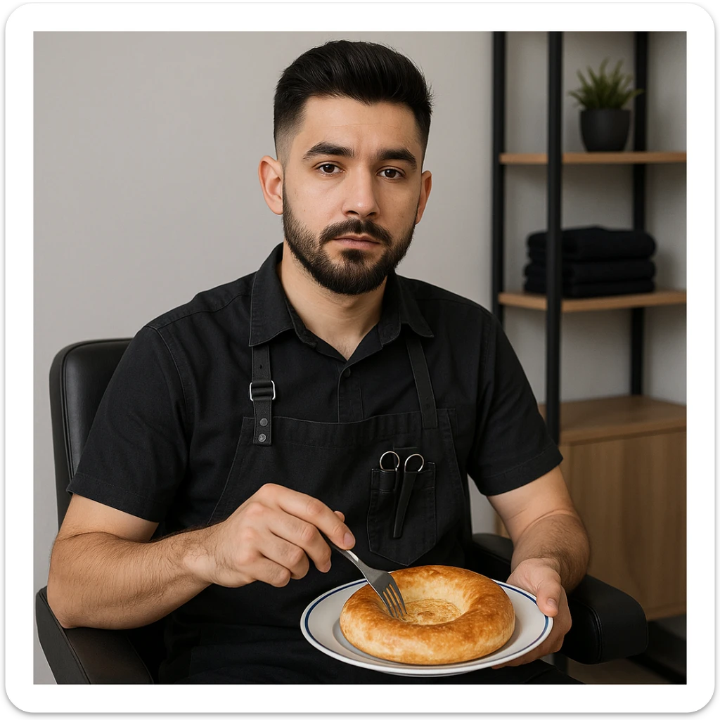 sartarosh xonada sal zamonaviy roq bulsin shunchaki tarelka v vilka ushlab utirsin tarelkada esa faqat uzbekcha non bulsin kayfiyati xam urtacha bulsin xursan bob ketmasin sticker