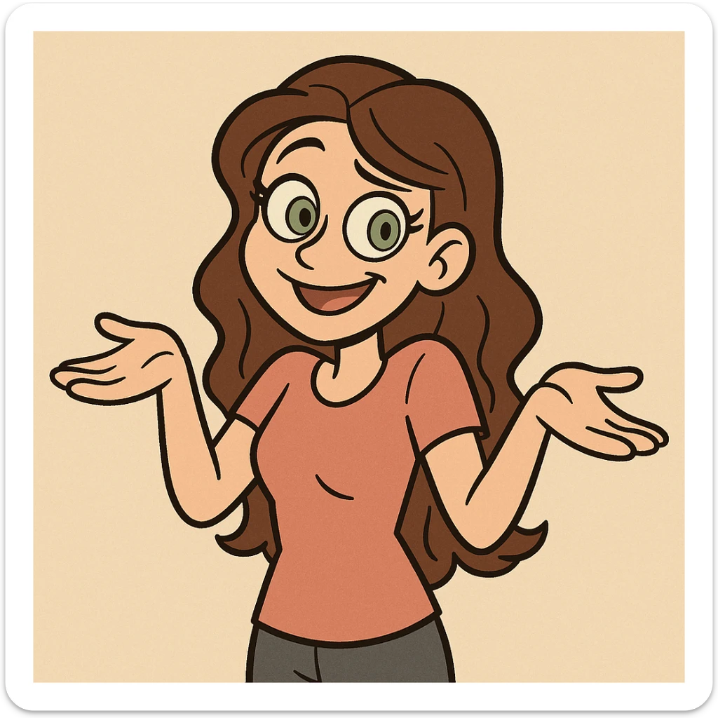 cartoon girl with long brown wavy hair, green eyes, shrugging, playful expression, upper body, simple background sticker