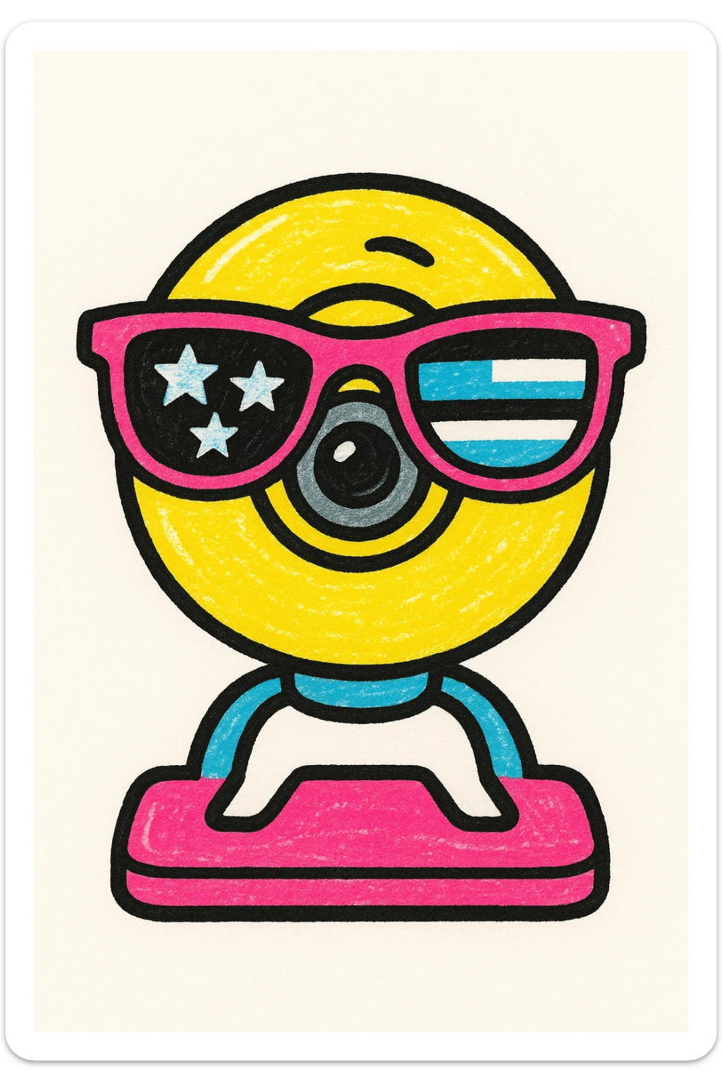 webcam camera with sunglasses and stars and stripes background, patriotic 4th of July celebration, colorful and vibrant style sticker