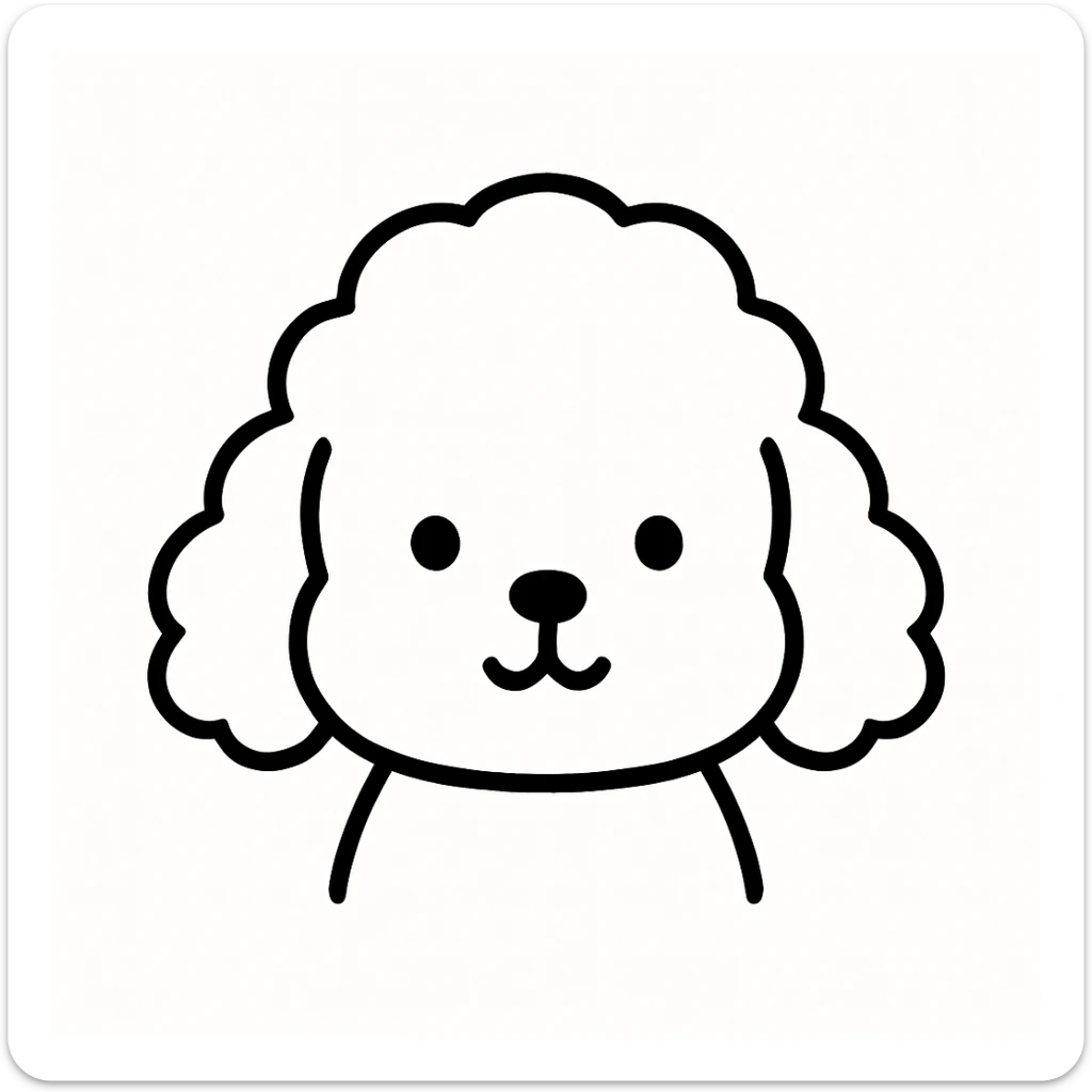 minimalist kawaii line art of a poodle-like dog head with a large, round, fluffy head, puffy curly ears hanging down, very simple face with two dot eyes, tiny round nose, upside-down 'Y' mouth. thick, bold, clean black lines on white, symmetrical, calm and sweet expression. no color or shading, just black linework. slightly hand-drawn but polished, child-friendly. sticker