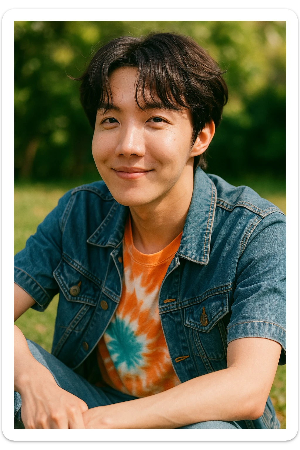J-hope in a candid, relaxed pose with a gentle smile, natural and vibrant style similar to the reference images sticker
