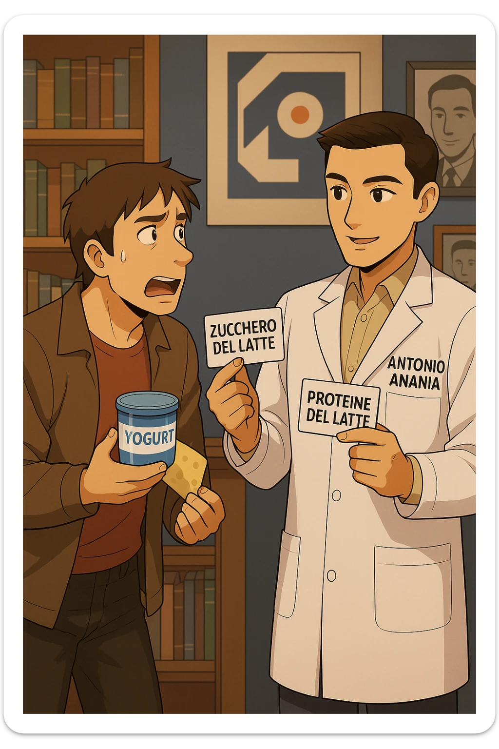 fai un webtoon manga a colori con questo stile, in cui un uomo fa una domanda al kinesiologo con il camice bianco (fagli anche la scritta "ANTONIO ANANIA" SUL CAMICE, l'uomo chiede una cosa mostrando un formaggio e uno yogurt al kinesiologo con il camice, IL KINESIOLOGO annuisce e SPIEGA ALL'UOMO UNA cos. L'UOMO ha un ESPRESSIONE CONFUSA IN VOLTO. non fare i fumetti però, fai solo in modo che sembri stiano parlando sticker