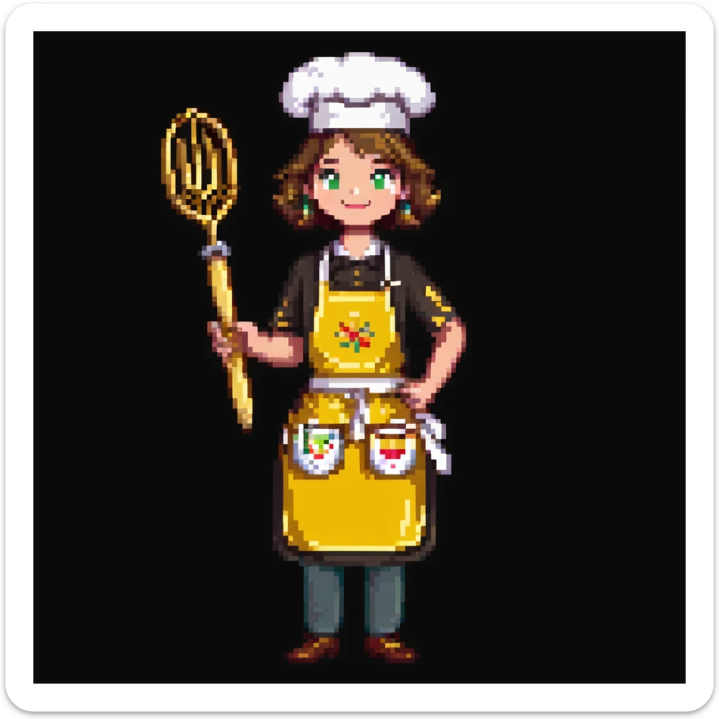 Portrait of a proud baker with a golden apron and embroidered details, holding a polished whisk, skeuomorphism style sticker