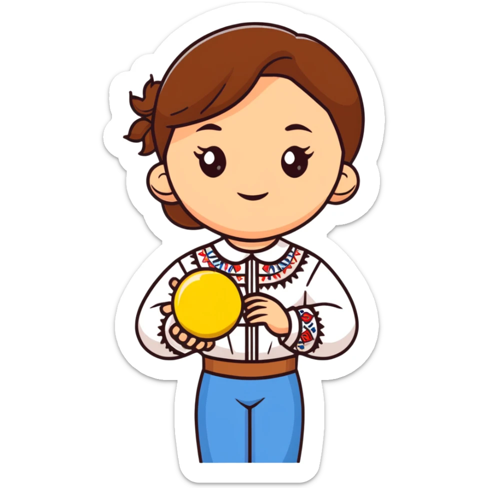Young Ukrainian girl with brown hair wearing a white traditional embroidered shirt holding the sun in her hand sticker
