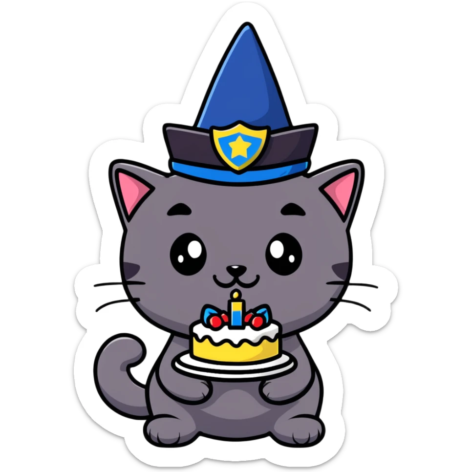 black cat police chief celebrating birthday, wearing birthday hat, smiling, holding cake, cartoon style, suitable for emoji sticker sticker