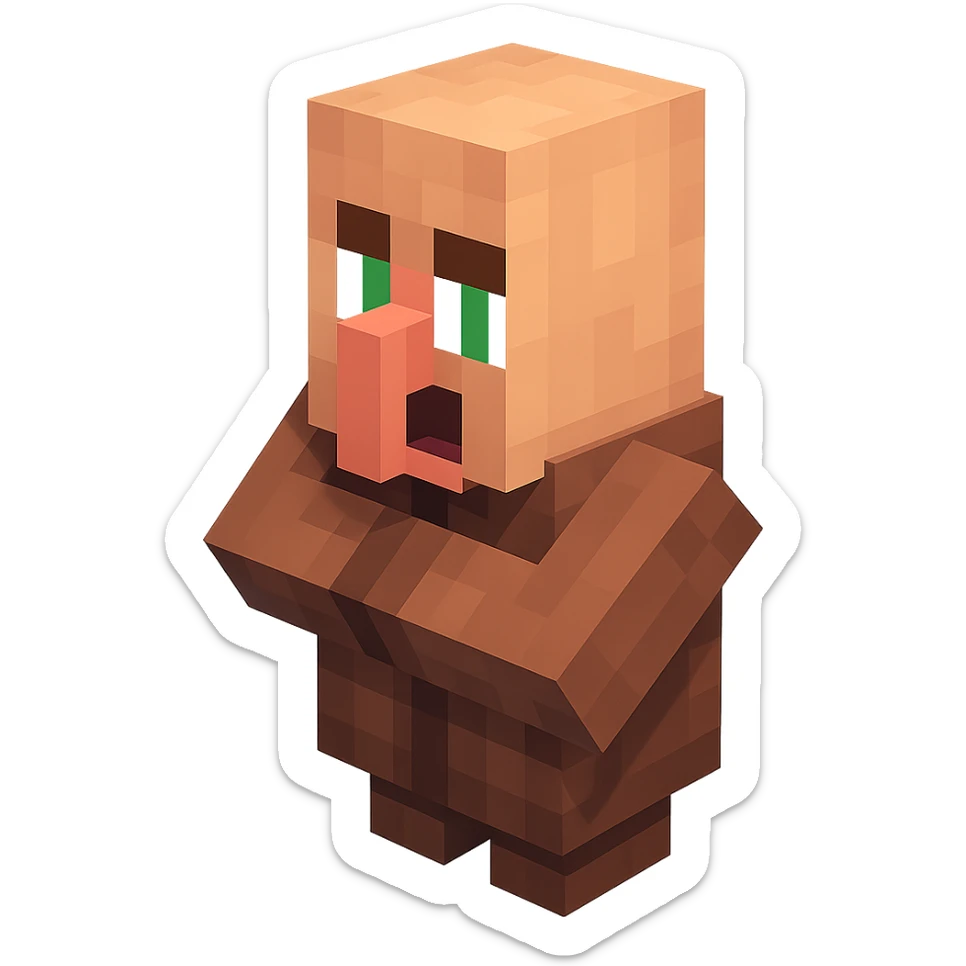 Minecraft villager, 3D blocky voxel style, brown robe, large nose, facing forward, surprised expression, classic Minecraft look sticker