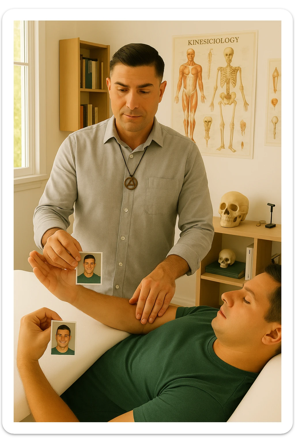 a middle-aged man, dressed in casual professional attire, is in a bright, organized therapy studio. Durante una visita di kinesiologia, il ragazzo tiene con una mano la foto di una persona lontana (il “testimone”) tiene la foto in mano, mentre con l’altra mano esegue un test muscolare su un cliente presente senza foto lui non tiene la foto. Sullo sfondo si vedono libri di kinesiologia, poster anatomici e strumenti tipici della disciplina. L’atmosfera è concentrata e serena, con luce naturale che entra dalla finestra, sottolineando l’aspetto alternativo e umano della pratica. sticker