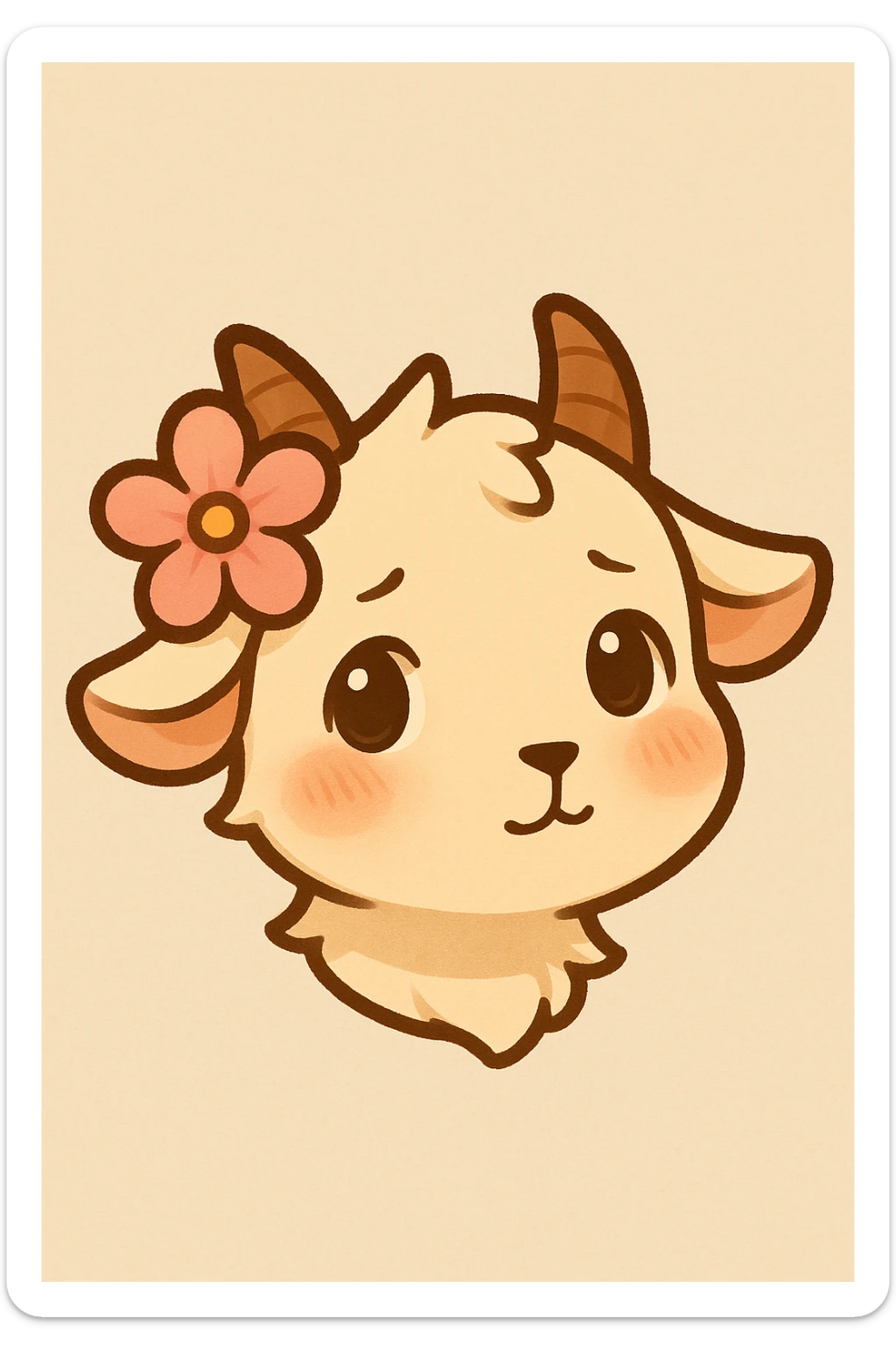 Crop to just the head of the chibi goat with the pink flower by the horn, looking up shyly at the viewer with a slight blush, designed for a small emote with a simple background. sticker