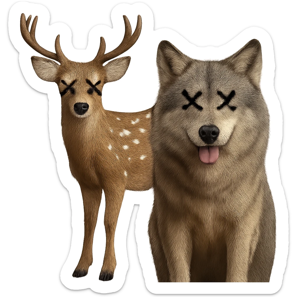 Add cartoon X's to the eyes, matching the style and position of the X's on the deer. Make sure all X's are identical and keep the background transparent. Do not change anything else. sticker