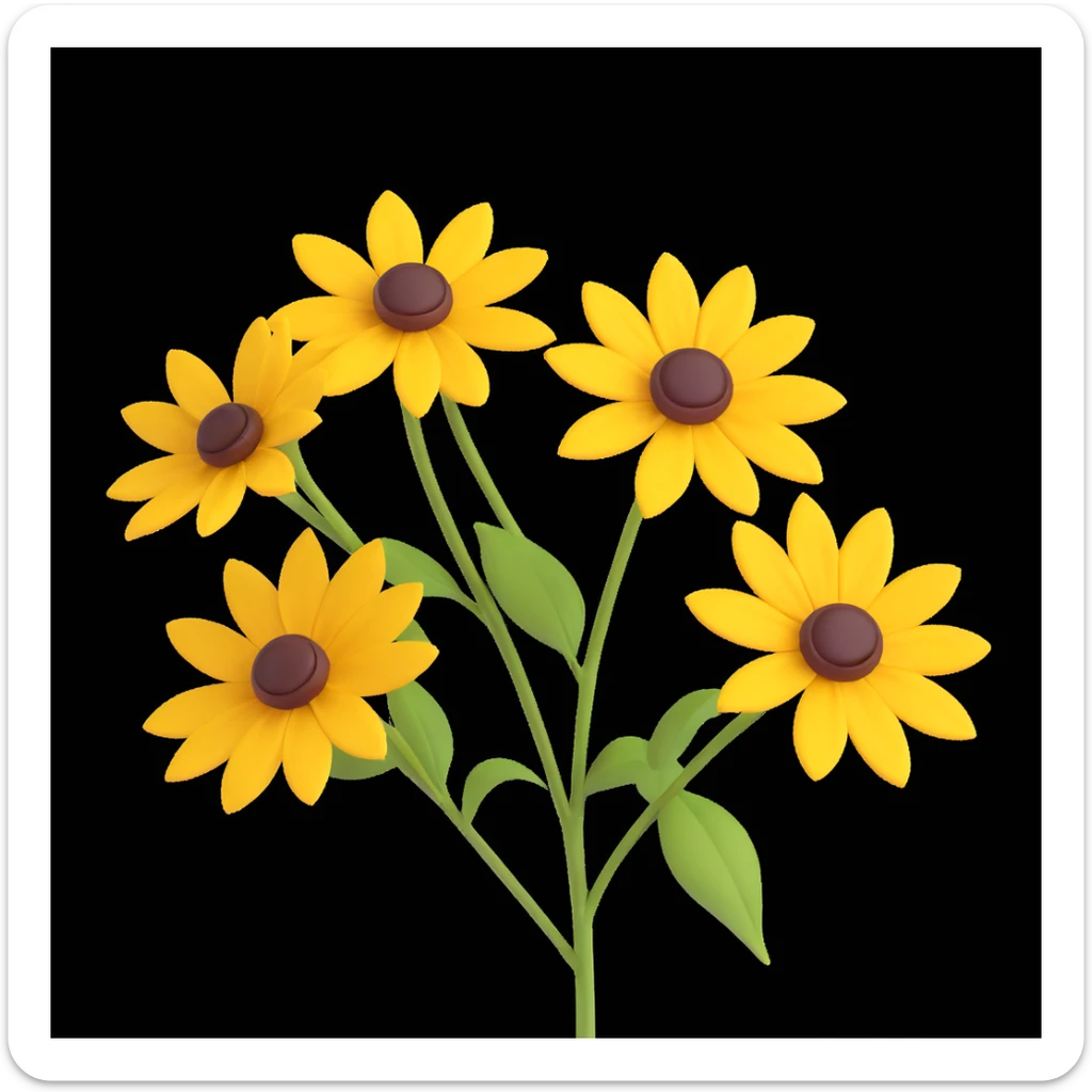 yellow rudbeckia flower with brown center and green stem in 3D iOS style on white background sticker