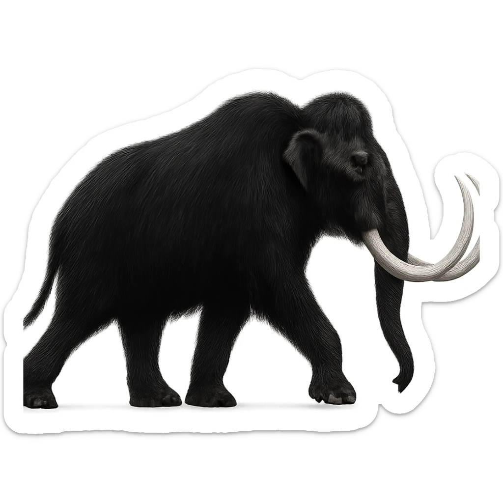 profile side view of a wooly mammoth with black fur and white tusks, walking mid stride, no background sticker