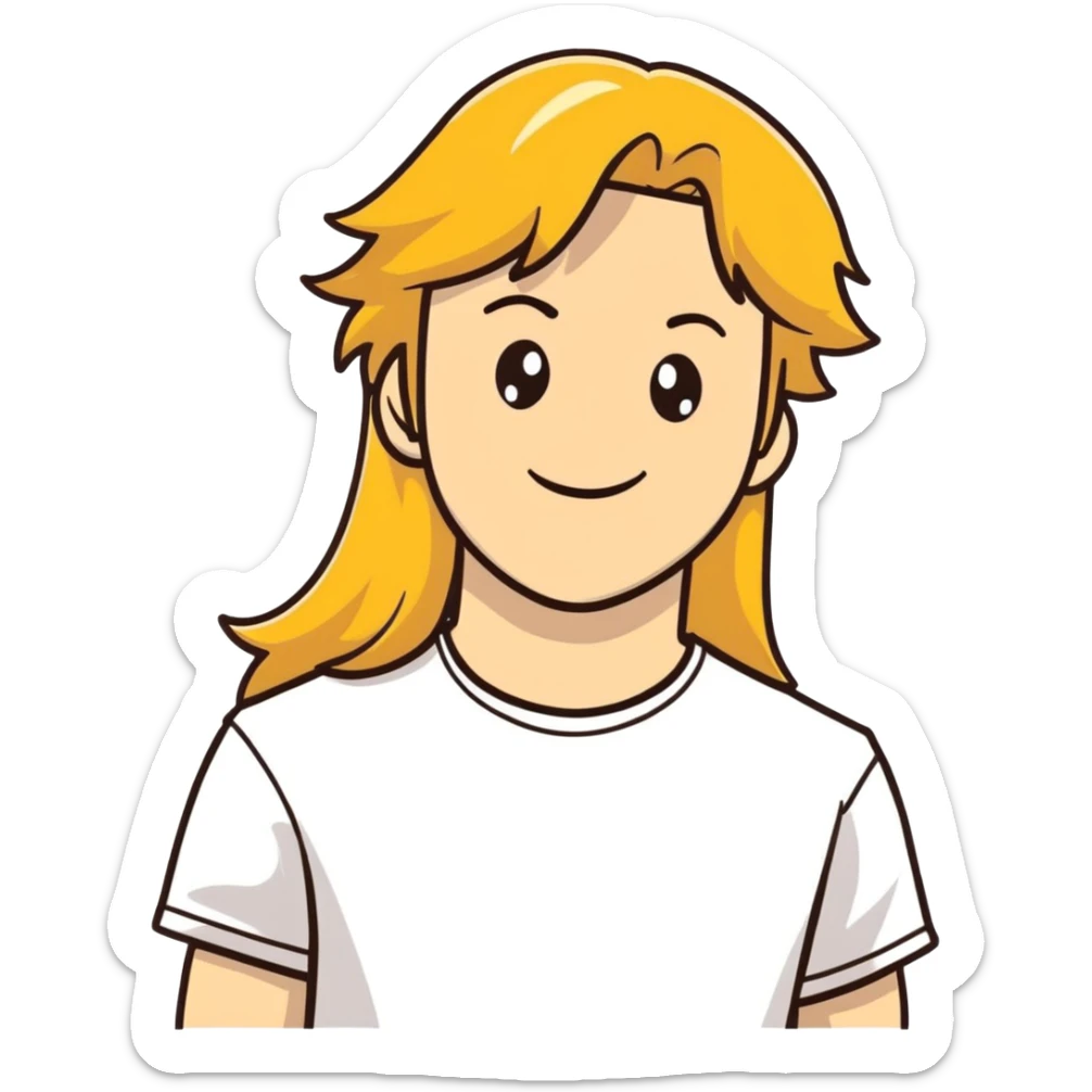 A young man with long golden hair in a white T-shirt smiles sticker