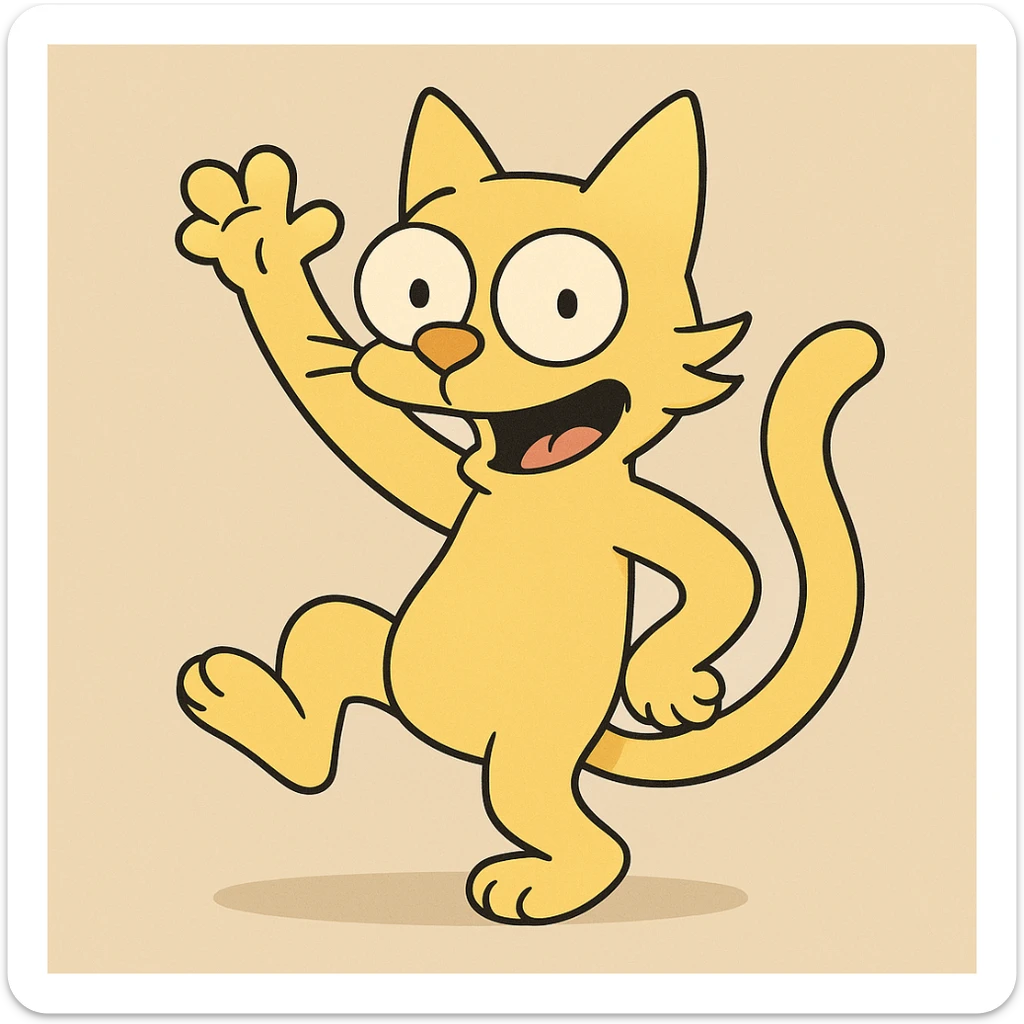 cat in the style of The Simpsons, playful pose, yellow fur, cartoonish, big eyes, simple background sticker
