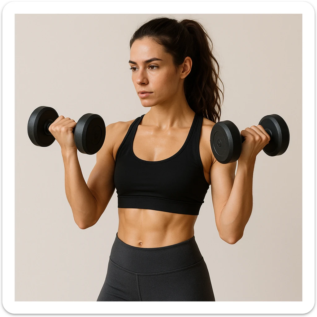 workout girl with brown hair, lifting dumbbells, sporty attire, minimal background sticker