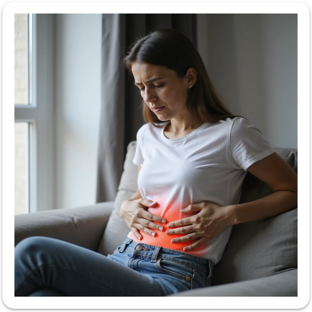 adult woman, photorealistic, abdominal pain, sitting on sofa with hands on abdomen, downcast expression, natural light, home background sticker