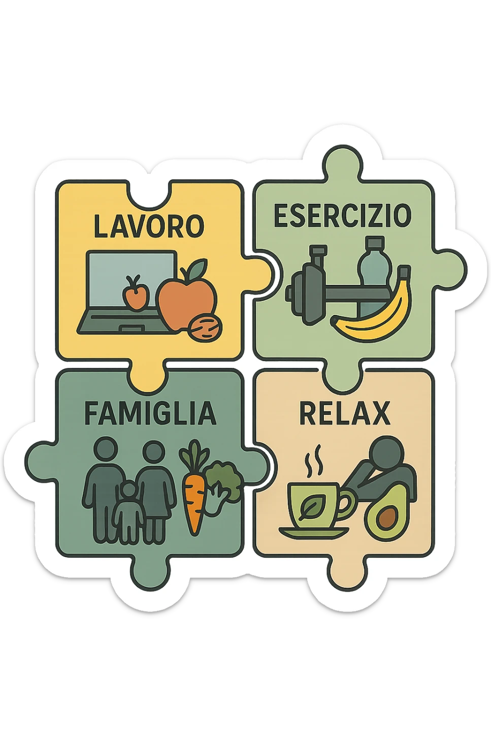 Puzzle (Lavoro, Esercizio, Famiglia, Relax), in lavoro metti icona di un PC, in Esercizio un Manubrio, in Famiglia una famiglia, in Relax qualcuno che riposa and healthy foods are integrated into each piece. in italiano sticker