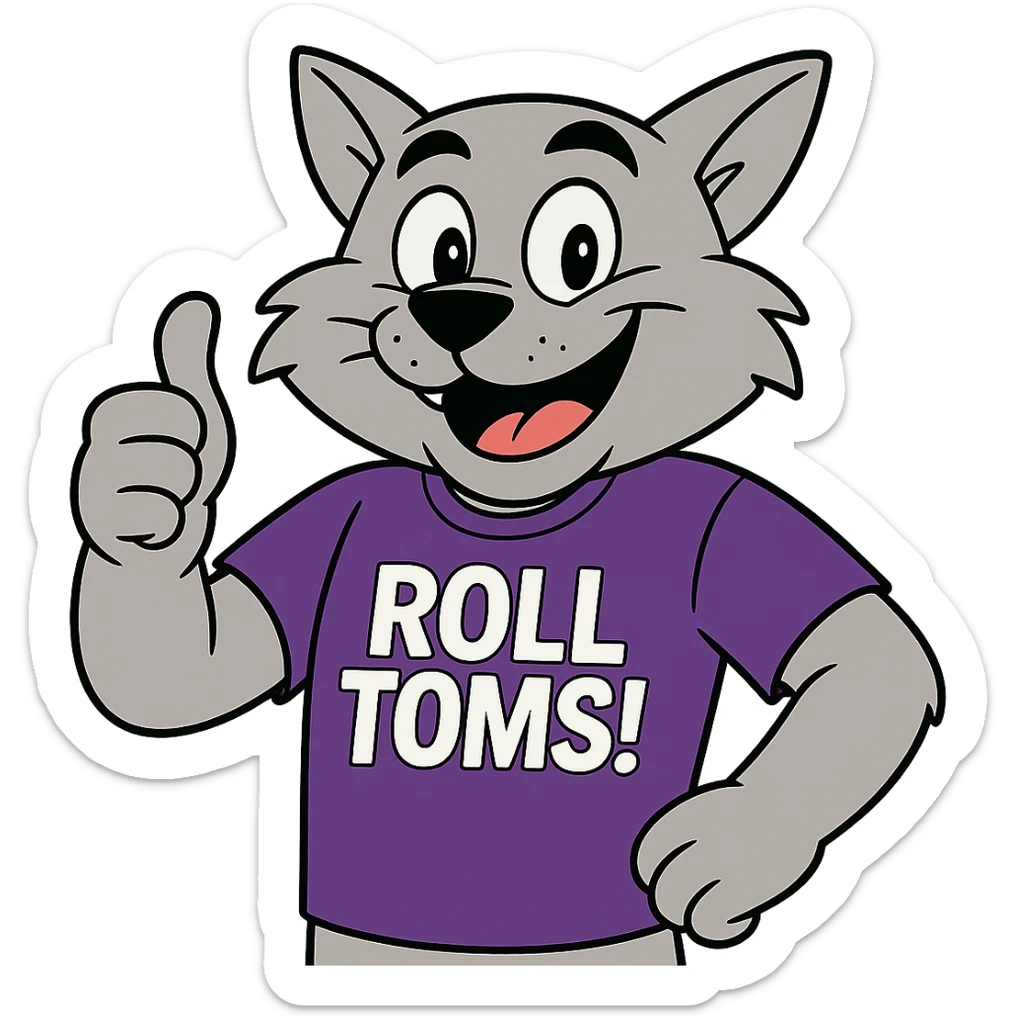 Make Tommie the Tomcat look more cartoonish, smiling and giving a thumbs up, keeping the purple t-shirt with 'Roll Toms!' text, no background. sticker