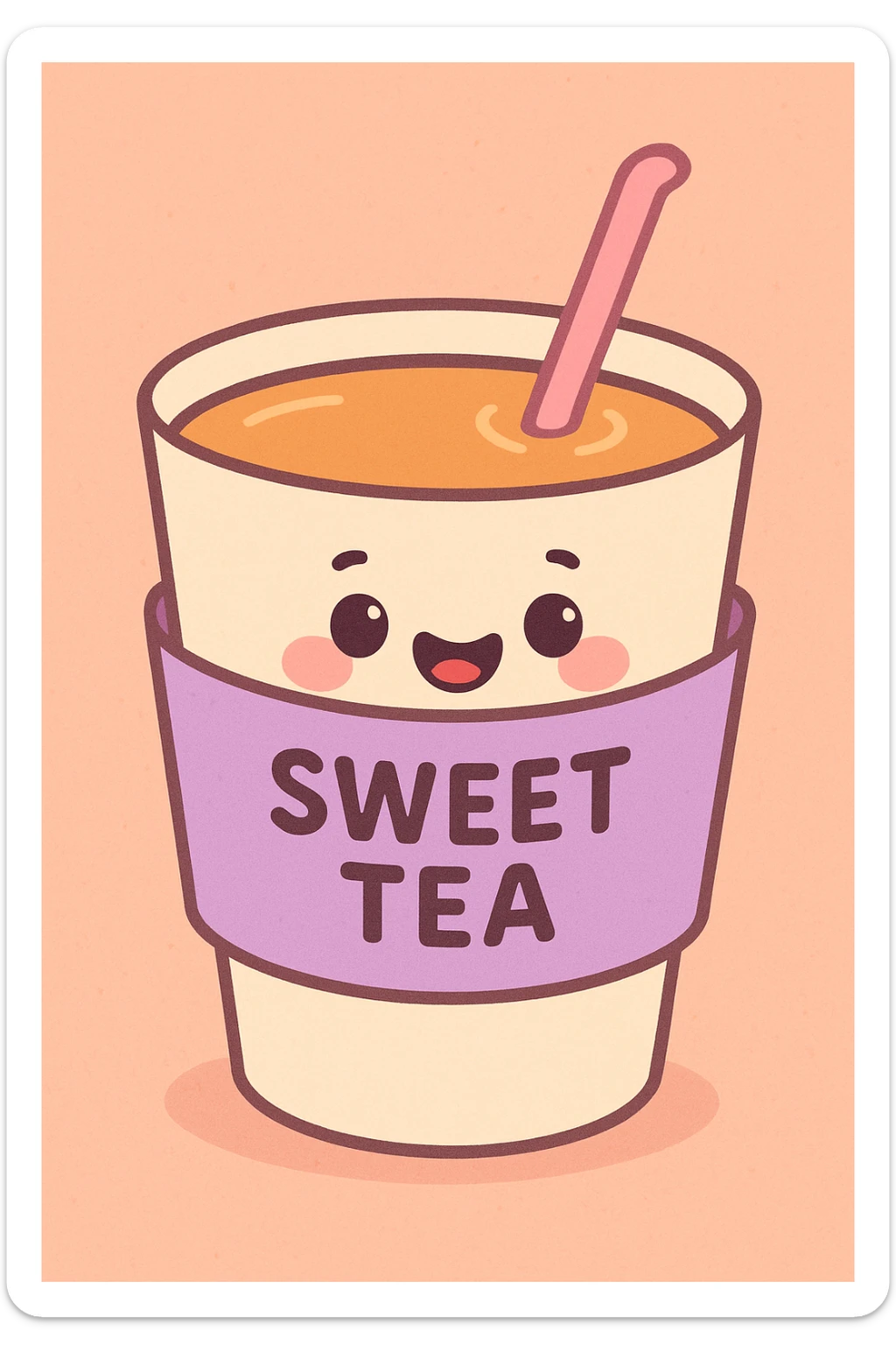 sweet tea cup with a lavender colored sleeve and a pink straw, pastel colors, soft shading sticker