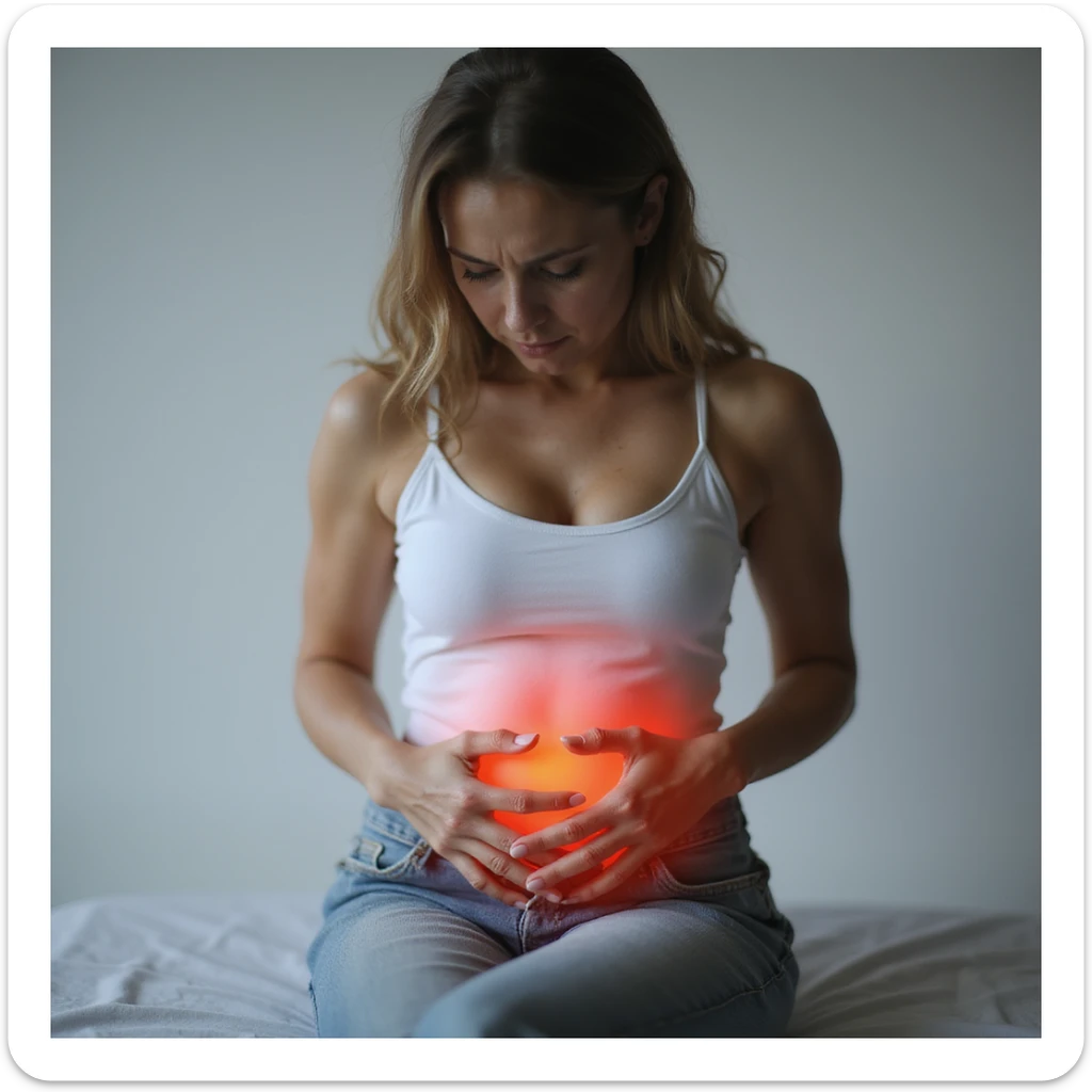 seated woman with painful expression, hands on abdomen, intestinal area highlighted with redness, hyperrealistic 4K details, vertical 9:16 format, neutral background sticker