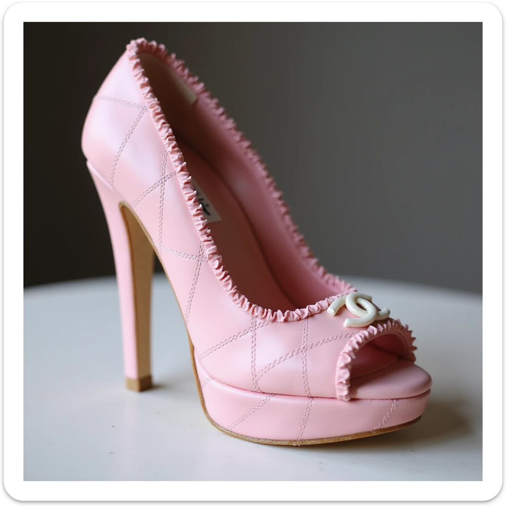 photorealistic pink Chanel shoe cake, high heel, luxury birthday style, no background sticker
